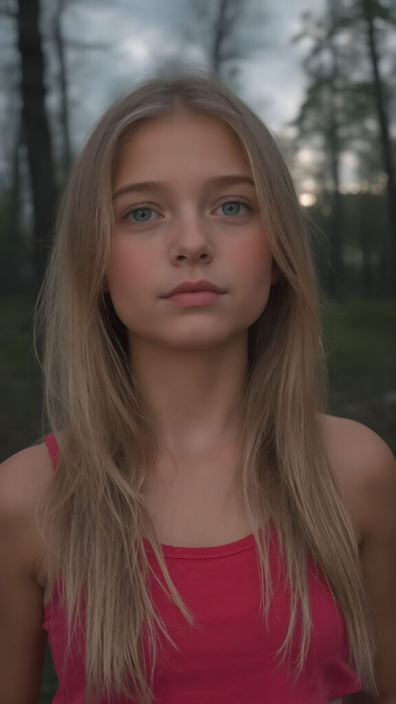 closeup photo of a beautiful girl with long silky blonde soft hair, wearing a red short tank top, in an summer wood, dark clouds hang overhead and it is dusk, gorgeous, stunning, detailed