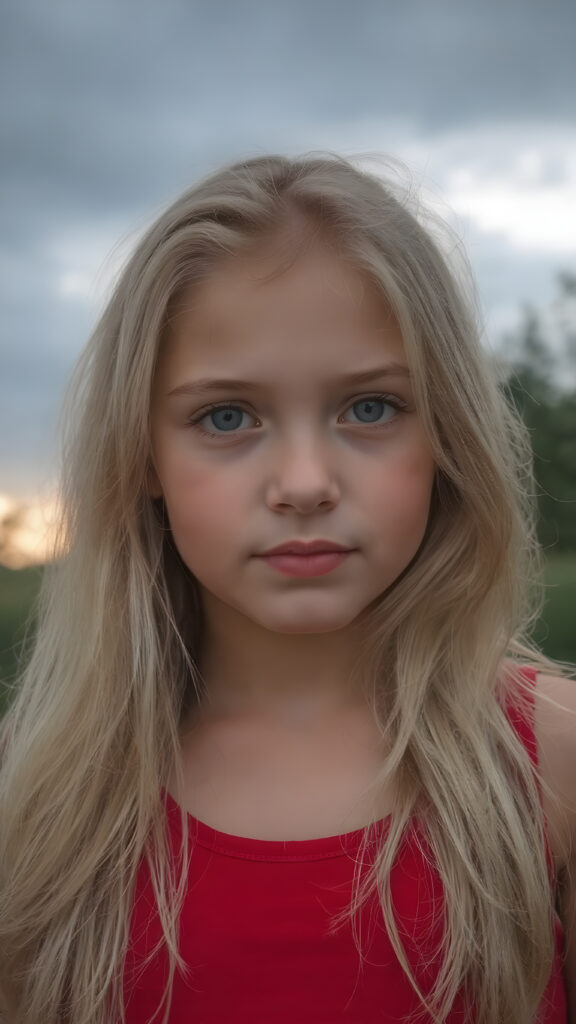 closeup photo of a beautiful girl with long silky blonde soft hair, wearing a red short tank top, in an summer wood, dark clouds hang overhead and it is dusk, gorgeous, stunning, detailed