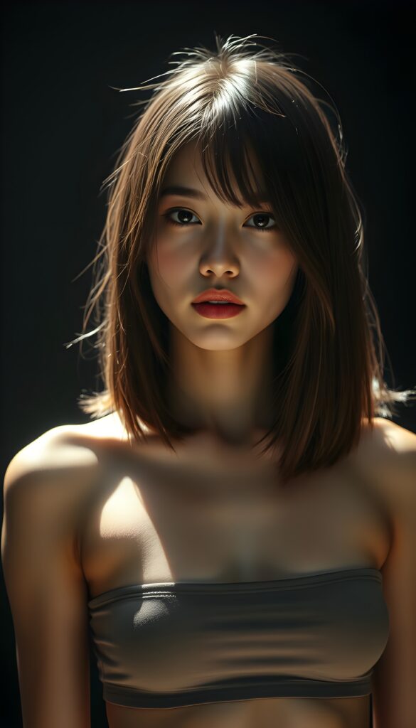 create a 3D image: of a gorgeous, stunning young teen girl, shoulder-length straight and smooth hazelnut hair, wears a short crop top, ((full lips)) perfect shadows and lights, (dark background) ((full body)), sunlight kiss her flawless skin.