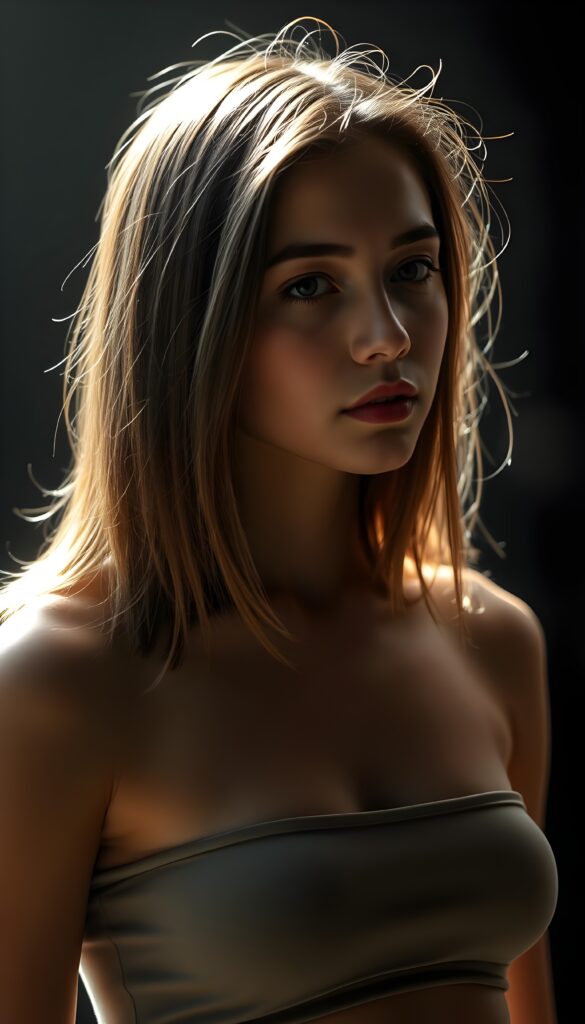 create a 3D image: of a gorgeous, stunning young teen girl, shoulder-length straight and smooth hazelnut hair, wears a short crop top, ((full lips)) perfect shadows and lights, (dark background) ((full body)), sunlight kiss her flawless skin.