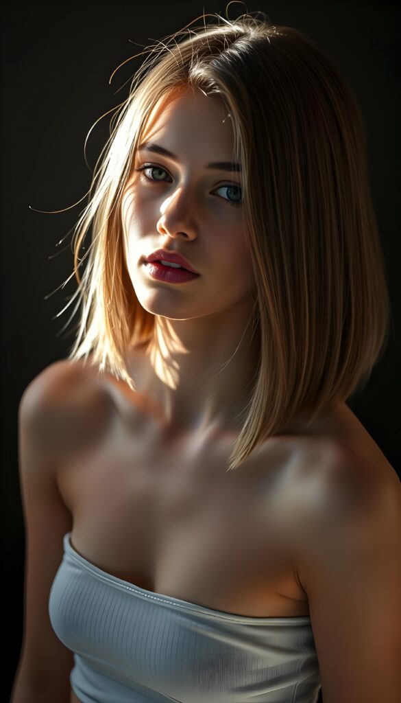 create a 3D image: of a gorgeous, stunning young teen girl, shoulder-length straight and smooth hazelnut hair, wears a short crop top, ((full lips)) perfect shadows and lights, (dark background) ((full body)), sunlight kiss her flawless skin.