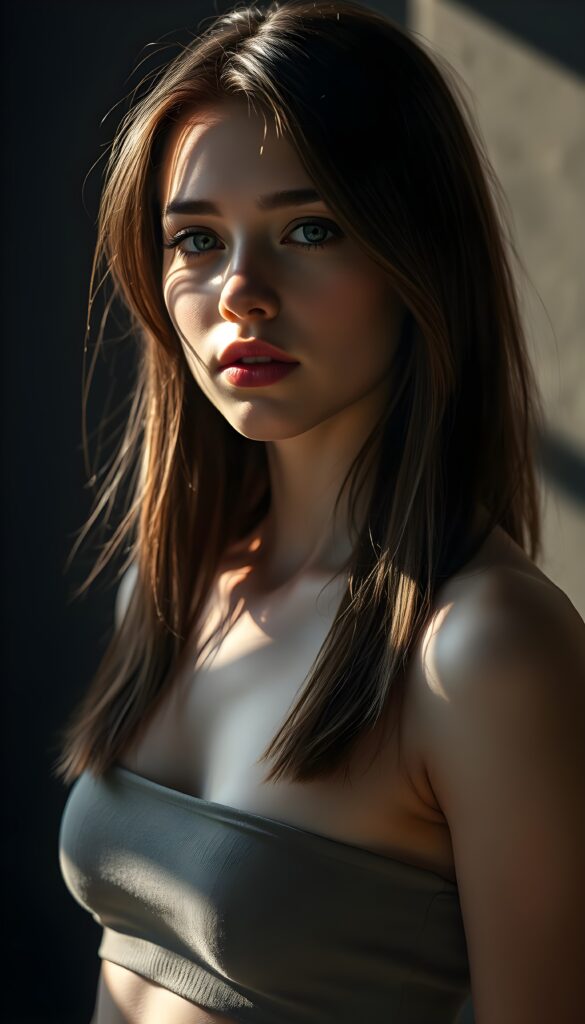 create a 3D image: of a gorgeous, stunning young teen girl, shoulder-length straight and smooth hazelnut hair, wears a short crop top, ((full lips)) perfect shadows and lights, (dark background) ((full body)), sunlight kiss her flawless skin.