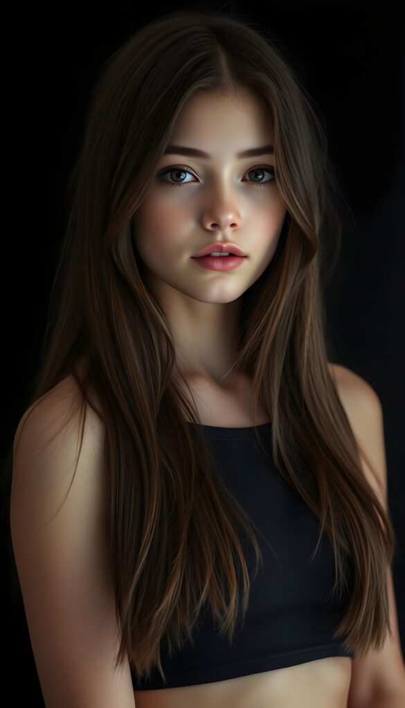 create a 3D image: of a gorgeous, stunning young teen girl, long, straight and smooth hazelnut hair, wears a short crop top, ((full lips)) perfect shadows and lights, (black background) ((full body))