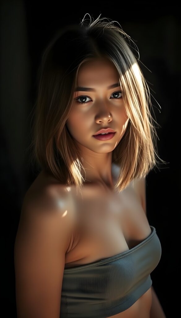 create a 3D image: of a gorgeous, stunning young teen girl, shoulder-length straight and smooth hazelnut hair, wears a short crop top, ((full lips)) perfect shadows and lights, (dark background) ((full body)), sunlight kiss her flawless skin.
