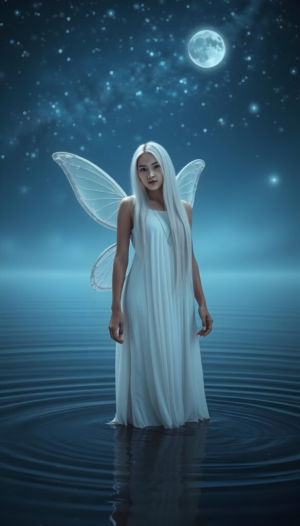 create a beautiful, sweet and young moon fairy who stands in a shallow lake. The sky glows blue and black. Many stars light up the sky. She is white dressed. Two silver, transparent wings. Long white straight hair falls down.