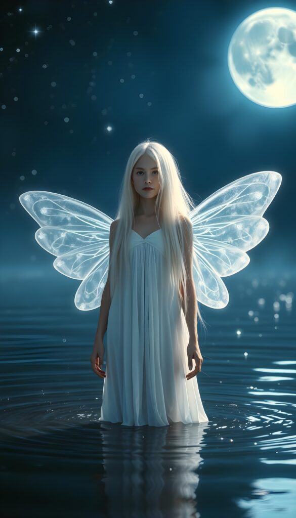 create a beautiful, sweet and young moon fairy who stands in a shallow lake. The sky glows blue and black. Many stars light up the sky. She is white dressed. Two silver, transparent wings. Long white straight hair falls down.