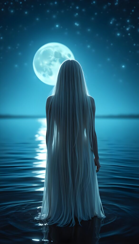 create a beautiful, sweet and young moon fairy who stands in a shallow lake. The sky glows blue and black. Many stars light up the sky. She is white dressed. Platinum white long super straight hair falls down. View from the back.
