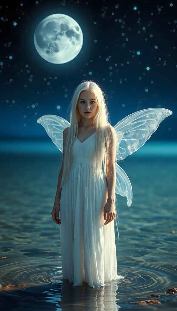 create a beautiful, sweet and young moon fairy who stands in a shallow lake. The sky glows blue and black. Many stars light up the sky. She is white dressed. Two silver, transparent wings. Long white straight hair falls down.