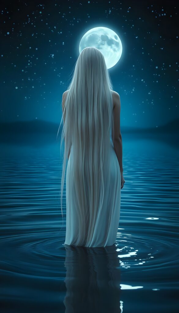 create a beautiful, sweet and young moon fairy who stands in a shallow lake. The sky glows blue and black. Many stars light up the sky. She is white dressed. Platinum white long super straight hair falls down. View from the back.
