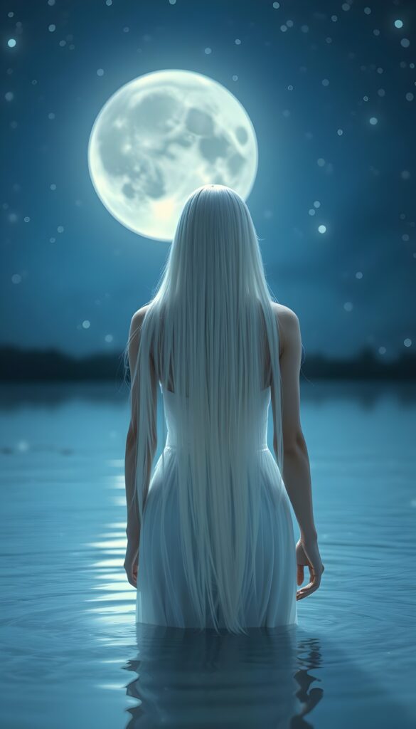 create a beautiful, sweet and young moon fairy who stands in a shallow lake. The sky glows blue and black. Many stars light up the sky. She is white dressed. Platinum white long super straight hair falls down. View from the back.