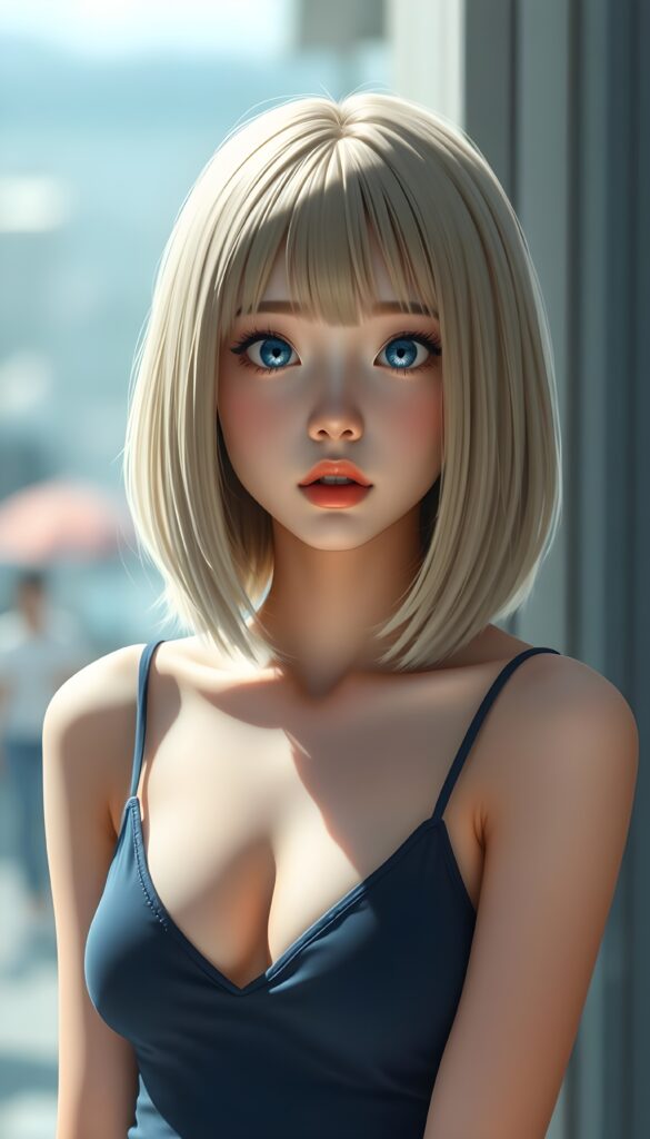 create a detailed and masterpiece of anime drawing: a Japanese teen girl, blond soft straight hair and brown straps in a perfect symmetrical bob cut, bangs, she looks astonished and her mouth is slightly open, ((her eyes are light blue)) ((full red lips)) ((round face)) perfect shadows and light. She wears a dark blue cropped spaghetti tank top, deep v-neck.
