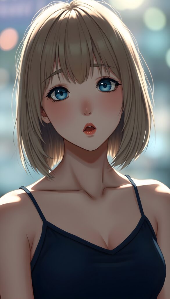 create a detailed and masterpiece of anime drawing: a Japanese teen girl, blond soft straight hair and brown straps in a perfect symmetrical bob cut, bangs, she looks astonished and her mouth is slightly open, ((her eyes are light blue)) ((full red lips)) ((round face)) perfect shadows and light. She wears a dark blue cropped spaghetti tank top, deep v-neck.