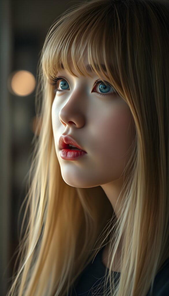 create a detailed and masterpice of (side view) portrait: a Japanese teen girl, long blond soft straight hair, bangs, she looks astonished and her mouth is slightly open, ((her eyes are light blue)) ((full red lips)) ((round face)) perfect shadows and light