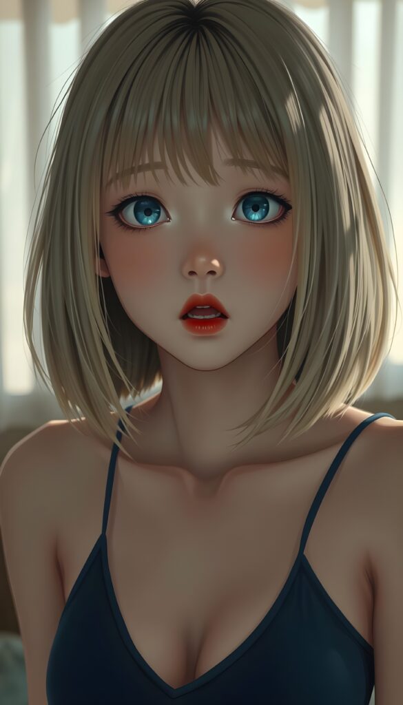 create a detailed and masterpiece of anime drawing: a Japanese teen girl, blond soft straight hair and brown straps in a perfect symmetrical bob cut, bangs, she looks astonished and her mouth is slightly open, ((her eyes are light blue)) ((full red lips)) ((round face)) perfect shadows and light. She wears a dark blue cropped spaghetti tank top, deep v-neck.