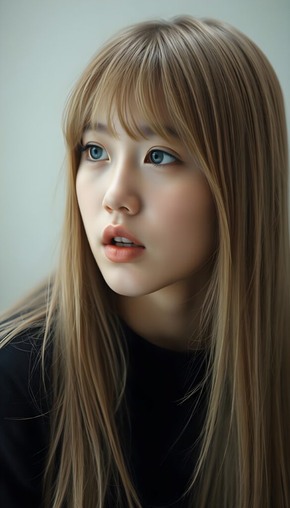 create a detailed and masterpice of (side view) portrait: a Japanese teen girl, long blond soft straight hair, bangs, she looks astonished and her mouth is slightly open, ((her eyes are light blue)) ((full red lips)) ((round face)) perfect shadows and light