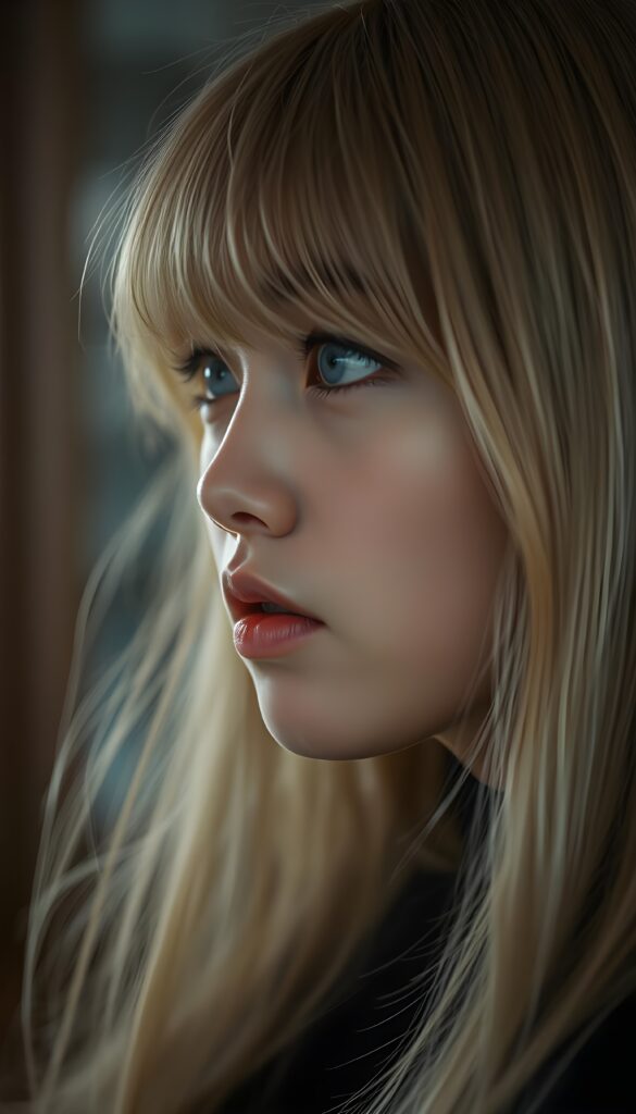 create a detailed and masterpice of (side view) portrait: a Japanese teen girl, long blond soft straight hair, bangs, she looks astonished and her mouth is slightly open, ((her eyes are light blue)) ((full red lips)) ((round face)) perfect shadows and light