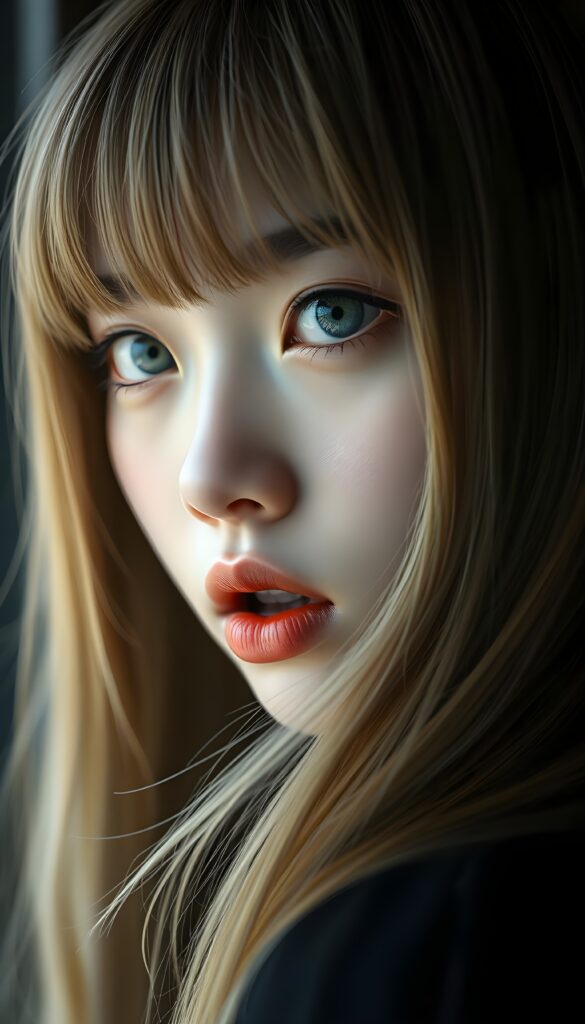create a detailed and masterpice of (side view) portrait: a Japanese teen girl, long blond soft straight hair, bangs, she looks astonished and her mouth is slightly open, ((her eyes are light blue)) ((full red lips)) ((round face)) perfect shadows and light