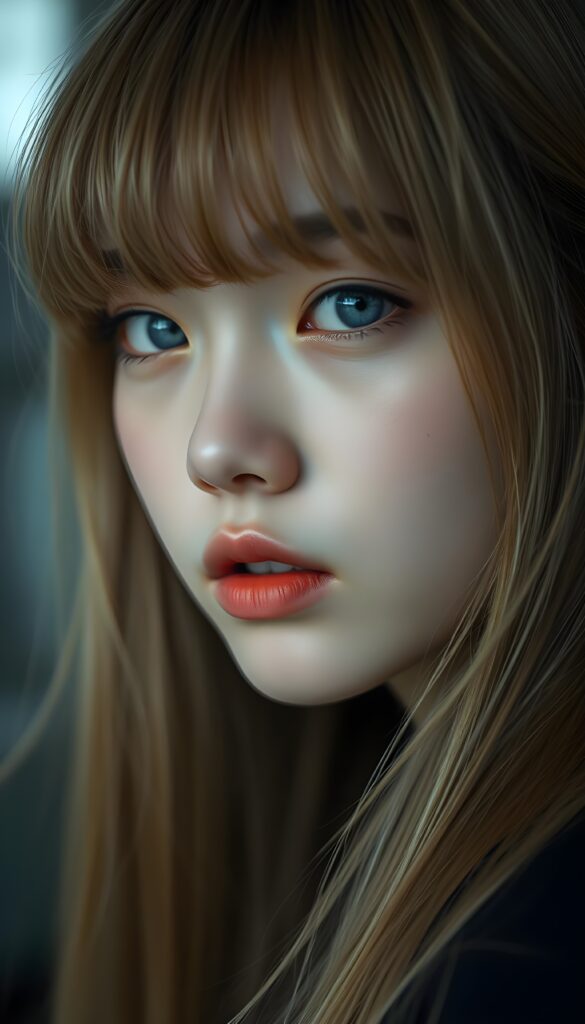 create a detailed and masterpice of (side view) portrait: a Japanese teen girl, long blond soft straight hair, bangs, she looks astonished and her mouth is slightly open, ((her eyes are light blue)) ((full red lips)) ((round face)) perfect shadows and light