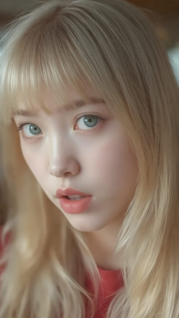 create a detailed and masterpice of (side view) portrait: a Japanese teen girl, long blond soft straight hair, bangs, she looks astonished and her mouth is slightly open, ((her eyes are light blue)) ((full red lips)) ((round face)) perfect shadows and light