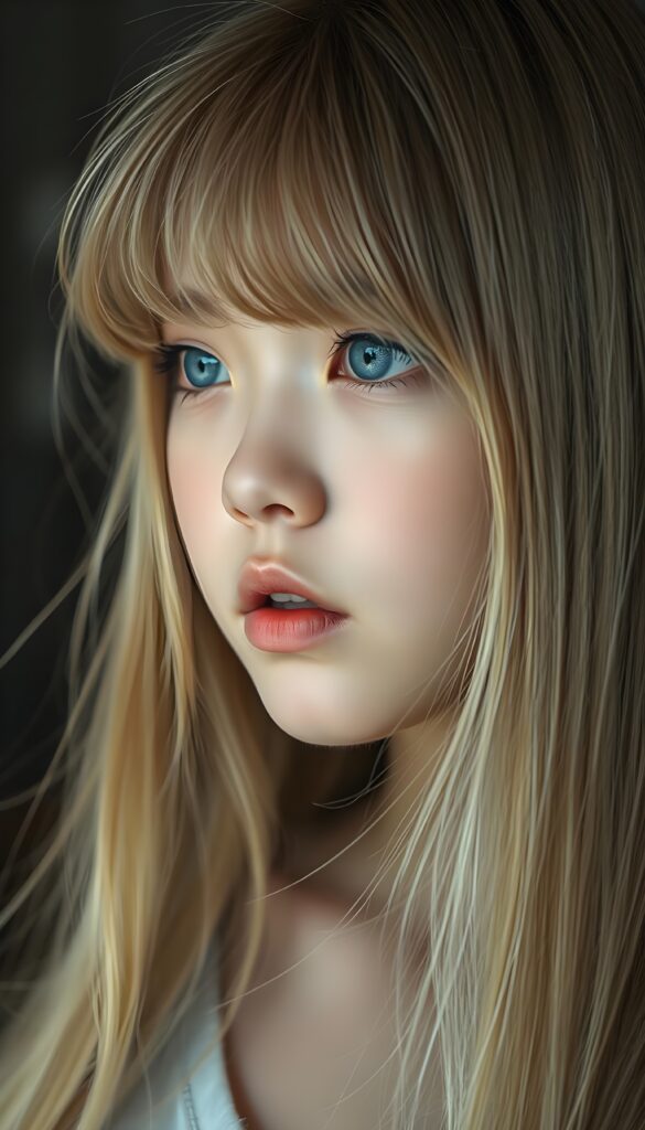 create a detailed and masterpice of (side view) portrait: a Japanese teen girl, long blond soft straight hair, bangs, she looks astonished and her mouth is slightly open, ((her eyes are light blue)) ((full red lips)) ((round face)) perfect shadows and light