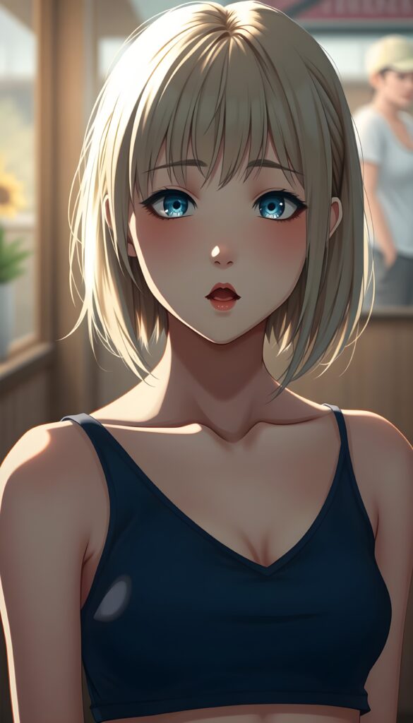 create a detailed and masterpiece of anime drawing: a Japanese teen girl, blond soft straight hair and brown straps in a perfect symmetrical bob cut, bangs, she looks astonished and her mouth is slightly open, ((her eyes are light blue)) ((full red lips)) ((round face)) perfect shadows and light. She wears a dark blue cropped spaghetti tank top, deep v-neck.