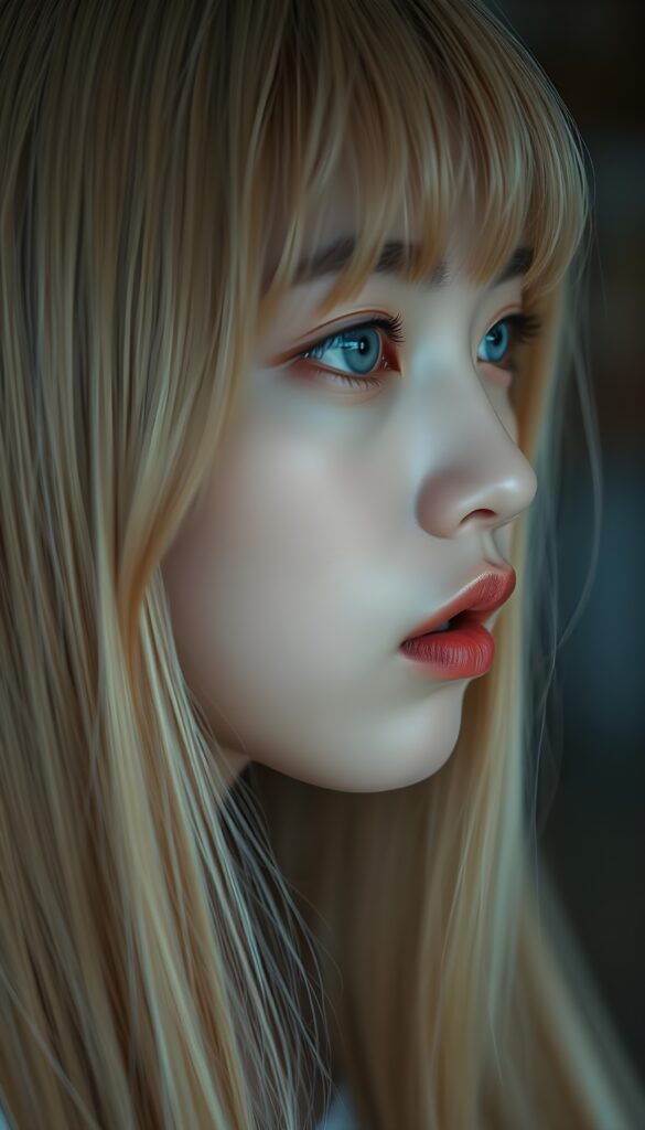 create a detailed and masterpice of (side view) portrait: a Japanese teen girl, long blond soft straight hair, bangs, she looks astonished and her mouth is slightly open, ((her eyes are light blue)) ((full red lips)) ((round face)) perfect shadows and light