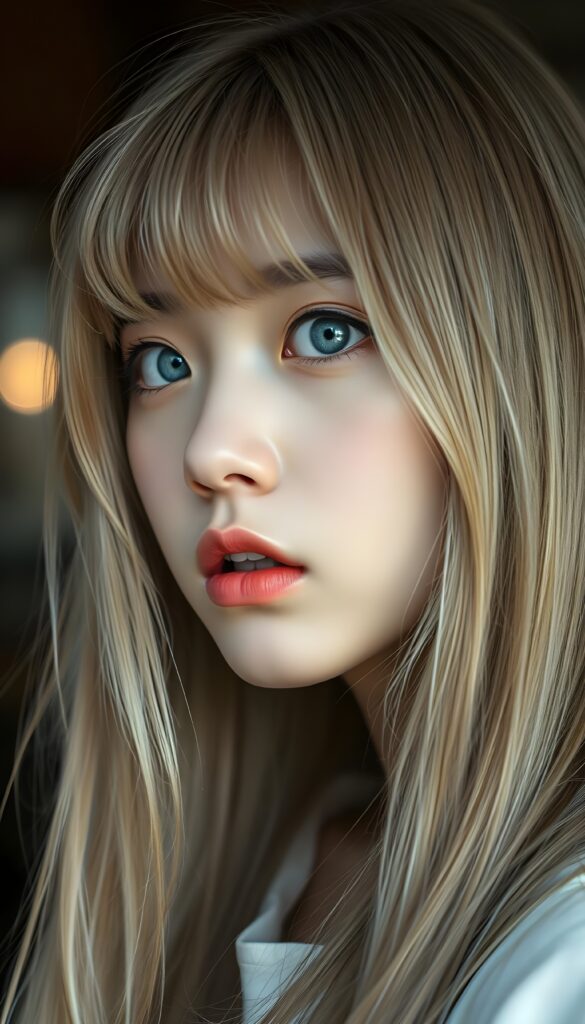 create a detailed and masterpice of (side view) portrait: a Japanese teen girl, long blond soft straight hair, bangs, she looks astonished and her mouth is slightly open, ((her eyes are light blue)) ((full red lips)) ((round face)) perfect shadows and light