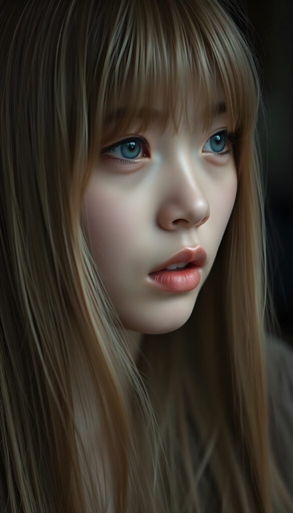 create a detailed and masterpice of (side view) portrait: a Japanese teen girl, long blond soft straight hair, bangs, she looks astonished and her mouth is slightly open, ((her eyes are light blue)) ((full red lips)) ((round face)) perfect shadows and light
