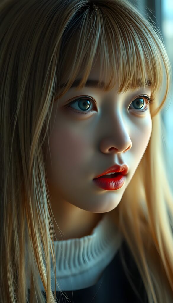 create a detailed and masterpice of (side view) portrait: a Japanese teen girl, long blond soft straight hair, bangs, she looks astonished and her mouth is slightly open, ((her eyes are light blue)) ((full red lips)) ((round face)) perfect shadows and light