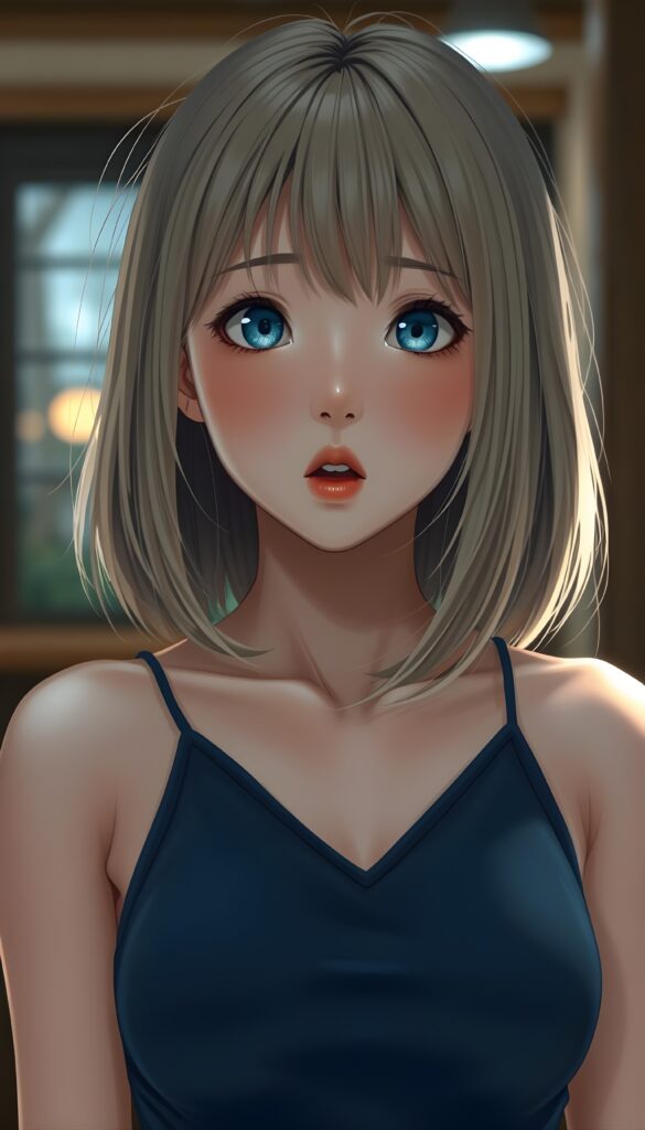 create a detailed and masterpiece of anime drawing: a Japanese teen girl, blond soft straight hair and brown straps in a perfect symmetrical bob cut, bangs, she looks astonished and her mouth is slightly open, ((her eyes are light blue)) ((full red lips)) ((round face)) perfect shadows and light. She wears a dark blue cropped spaghetti tank top, deep v-neck.