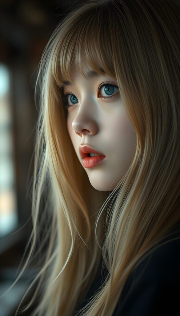 create a detailed and masterpice of (side view) portrait: a Japanese teen girl, long blond soft straight hair, bangs, she looks astonished and her mouth is slightly open, ((her eyes are light blue)) ((full red lips)) ((round face)) perfect shadows and light
