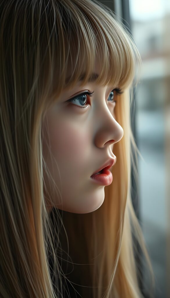 create a detailed and masterpice of (side view) portrait: a Japanese teen girl, long blond soft straight hair, bangs, she looks astonished and her mouth is slightly open, ((her eyes are light blue)) ((full red lips)) ((round face)) perfect shadows and light