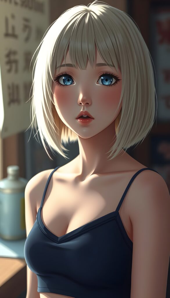 create a detailed and masterpiece of anime drawing: a Japanese teen girl, blond soft straight hair and brown straps in a perfect symmetrical bob cut, bangs, she looks astonished and her mouth is slightly open, ((her eyes are light blue)) ((full red lips)) ((round face)) perfect shadows and light. She wears a dark blue cropped spaghetti tank top, deep v-neck.