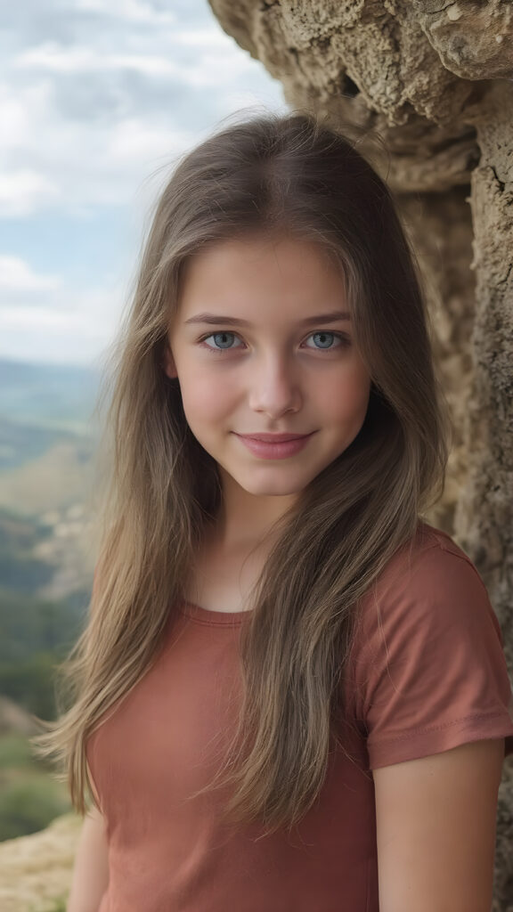 create a portrait, the picture shows a young girl with an enigmatic smile, brown jet long hair, she looks to the viewer, she wears a brown t-shirt made of fine silk, she has a perfect curved body, all against a fantastic landscape