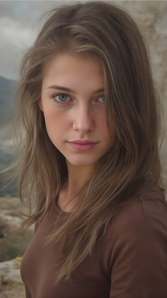 create a portrait, the picture shows a young girl with an enigmatic smile, brown jet long hair, she looks to the viewer, she wears a brown t-shirt made of fine silk, she has a perfect curved body, all against a fantastic landscape