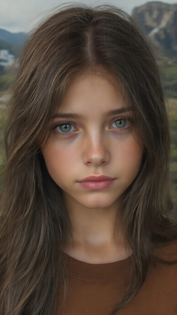create a portrait, the picture shows a young girl with an enigmatic smile, brown jet long hair, she looks to the viewer, she wears a brown t-shirt made of fine silk, she has a perfect curved body, all against a fantastic landscape