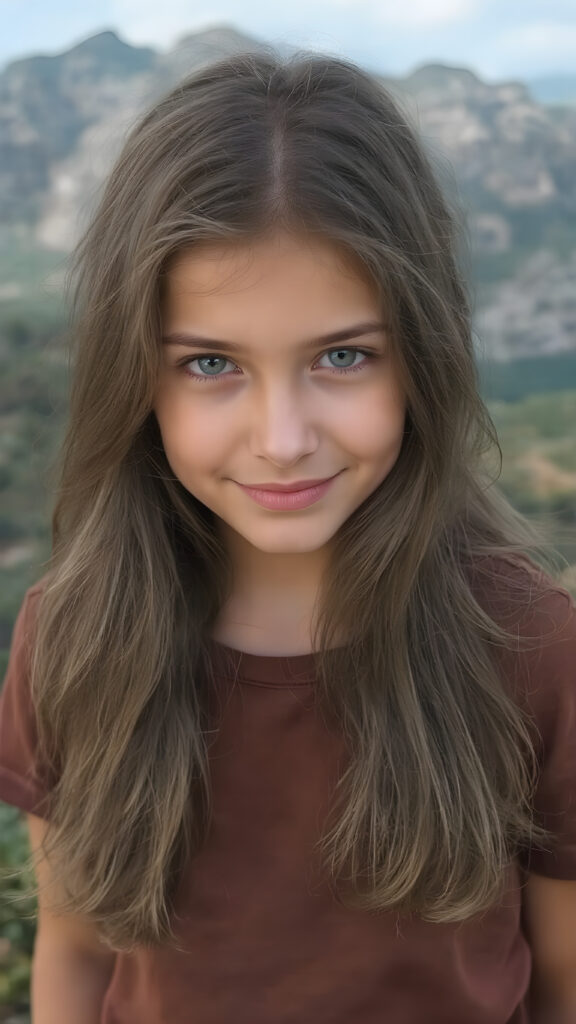 create a portrait, the picture shows a young girl with an enigmatic smile, brown jet long hair, she looks to the viewer, she wears a brown t-shirt made of fine silk, she has a perfect curved body, all against a fantastic landscape