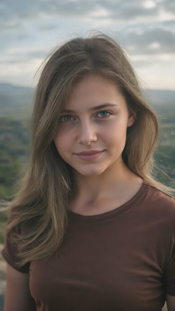 create a portrait, the picture shows a young girl with an enigmatic smile, brown jet long hair, she looks to the viewer, she wears a brown t-shirt made of fine silk, she has a perfect curved body, all against a fantastic landscape