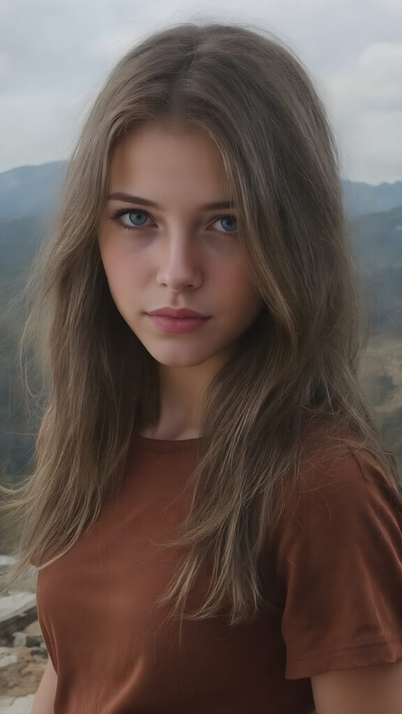 create a portrait, the picture shows a young girl with an enigmatic smile, brown jet long hair, she looks to the viewer, she wears a brown t-shirt made of fine silk, she has a perfect curved body, all against a fantastic landscape