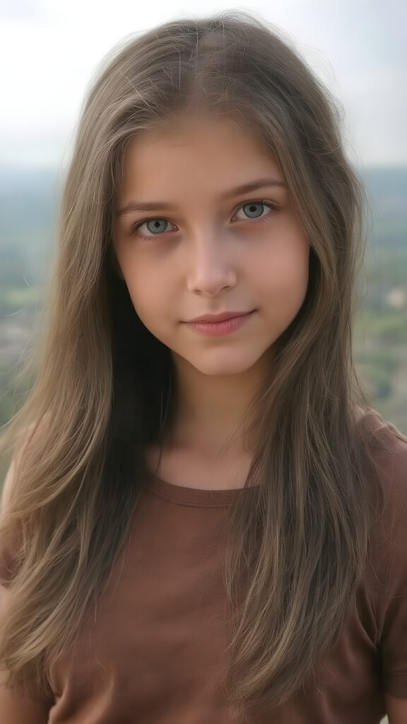 create a portrait, the picture shows a young girl with an enigmatic smile, brown jet long hair, she looks to the viewer, she wears a brown t-shirt made of fine silk, she has a perfect curved body, all against a fantastic landscape