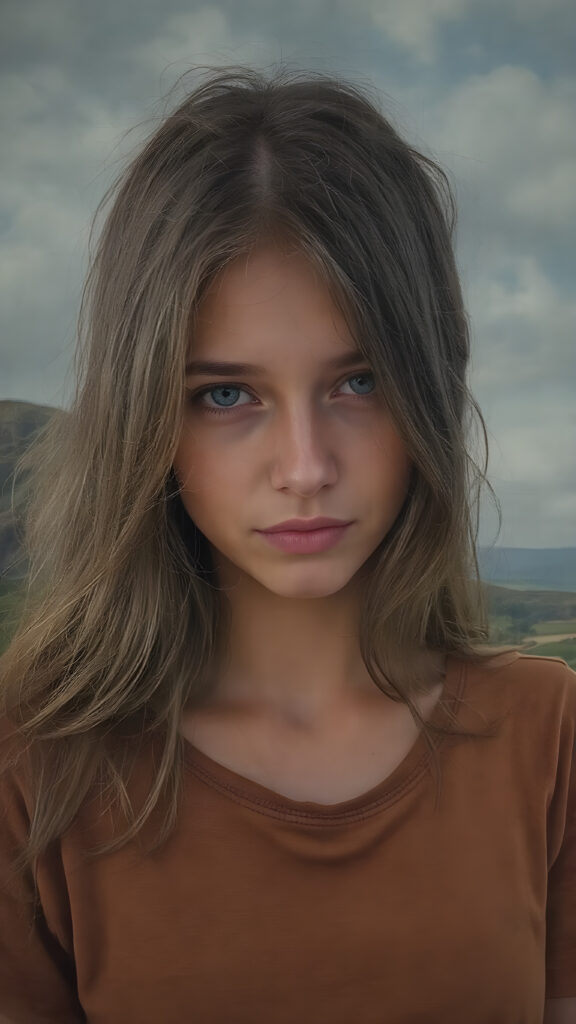 create a portrait, the picture shows a young girl with an enigmatic smile, brown jet long hair, she looks to the viewer, she wears a brown t-shirt made of fine silk, she has a perfect curved body, all against a fantastic landscape