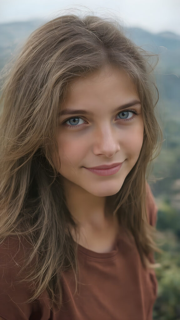 create a portrait, the picture shows a young girl with an enigmatic smile, brown jet long hair, she looks to the viewer, she wears a brown t-shirt made of fine silk, she has a perfect curved body, all against a fantastic landscape