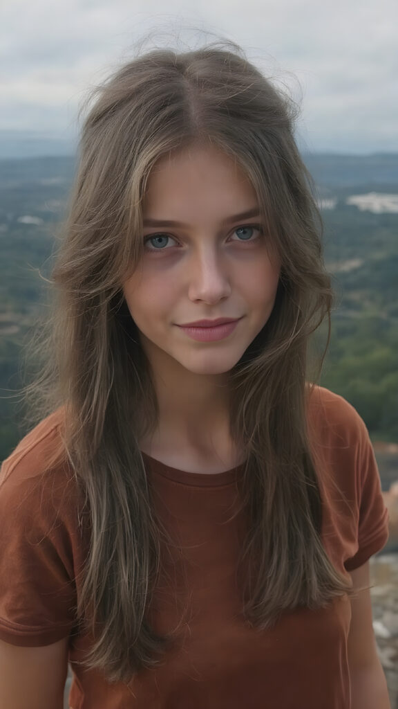 create a portrait, the picture shows a young girl with an enigmatic smile, brown jet long hair, she looks to the viewer, she wears a brown t-shirt made of fine silk, she has a perfect curved body, all against a fantastic landscape