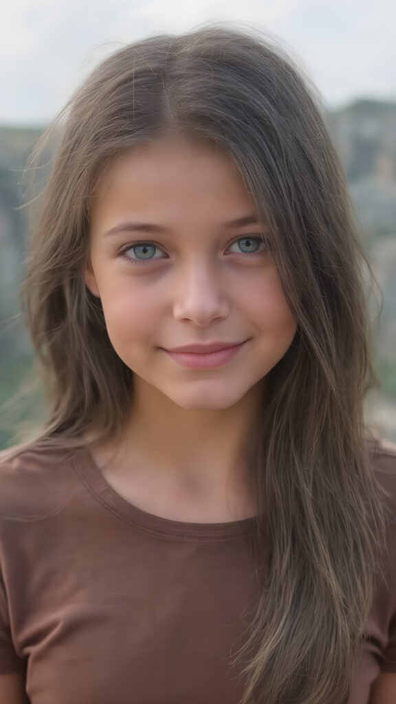 create a portrait, the picture shows a young girl with an enigmatic smile, brown jet long hair, she looks to the viewer, she wears a brown t-shirt made of fine silk, she has a perfect curved body, all against a fantastic landscape