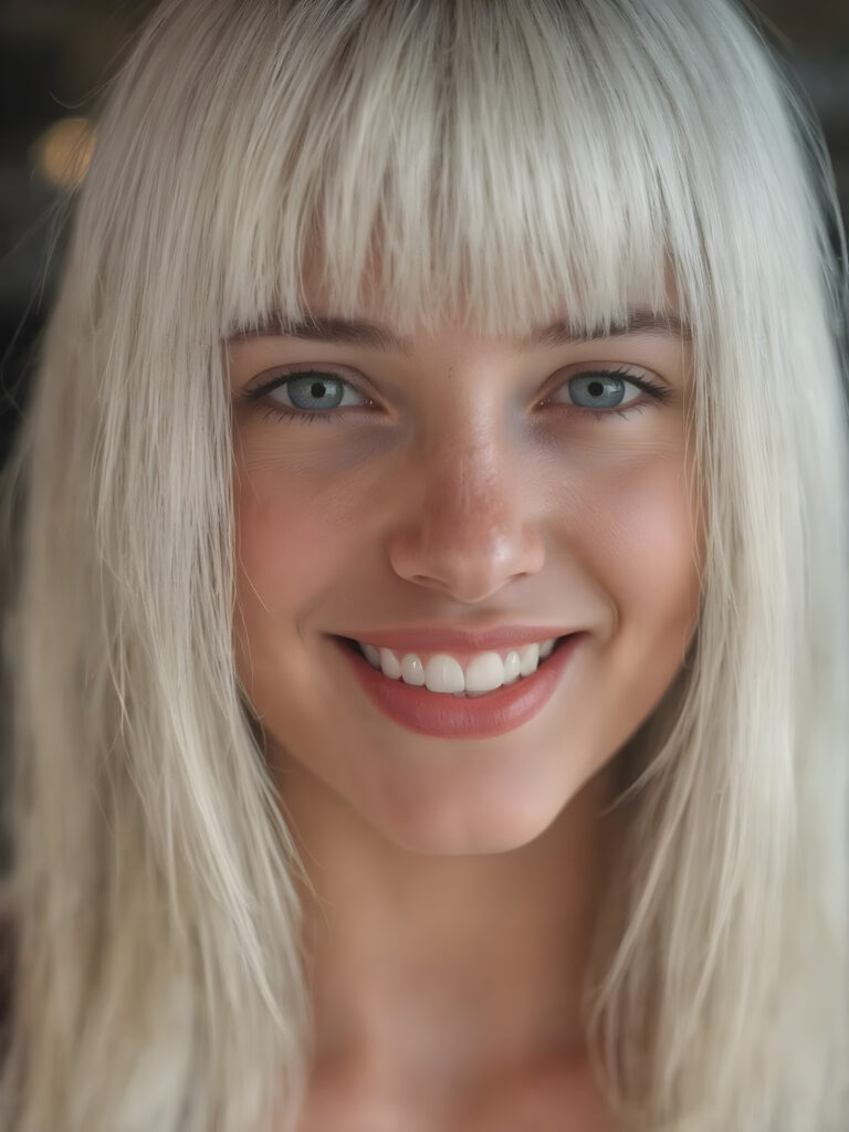 create a very realistic girl for myself, with straight white hair. She smiles and has a beautiful, round face with full, plump red lips and white teeth. Her nose is perfect and small. Her mouth is slightly open.