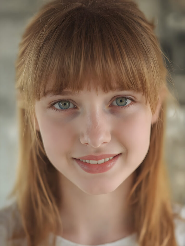 create a very realistic girl for myself, with straight copper red super realistic detailed soft hair, bangs cut. She smiles and has a beautiful, round face with full, plump red lips and white teeth, the skin is flawlessly beautiful with a soft skin tone, her mouth is slightly open, she has beautiful emerald green eyes