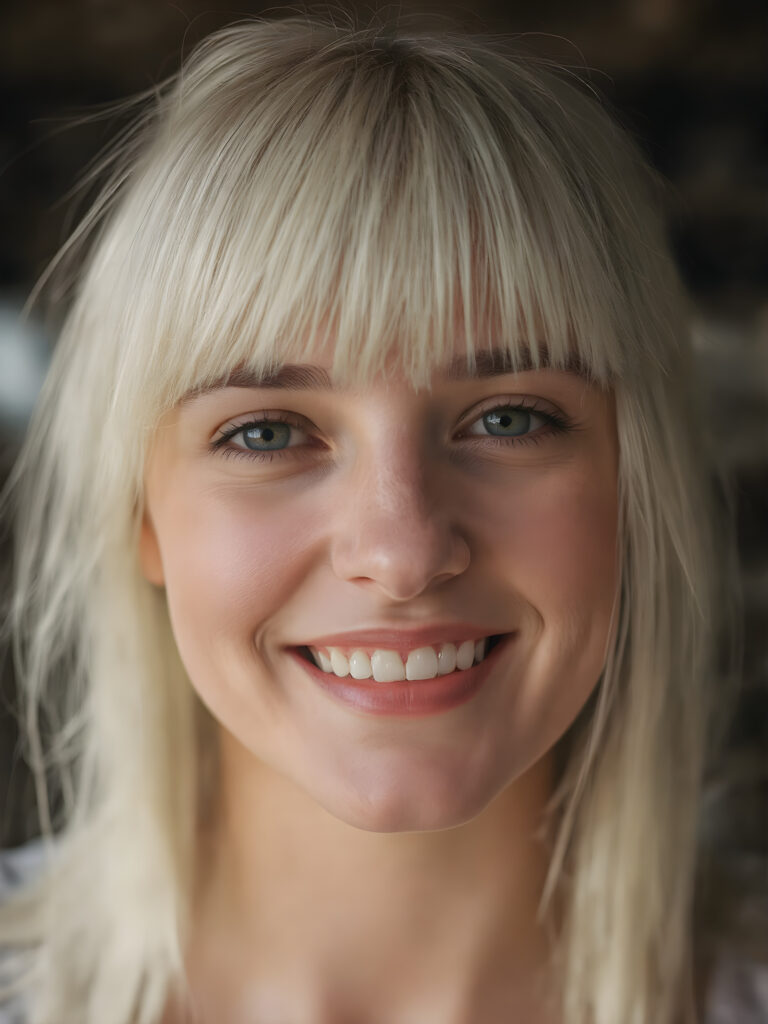 create a very realistic girl for myself, with straight white hair. She smiles and has a beautiful, round face with full, plump red lips and white teeth. Her nose is perfect and small. Her mouth is slightly open.