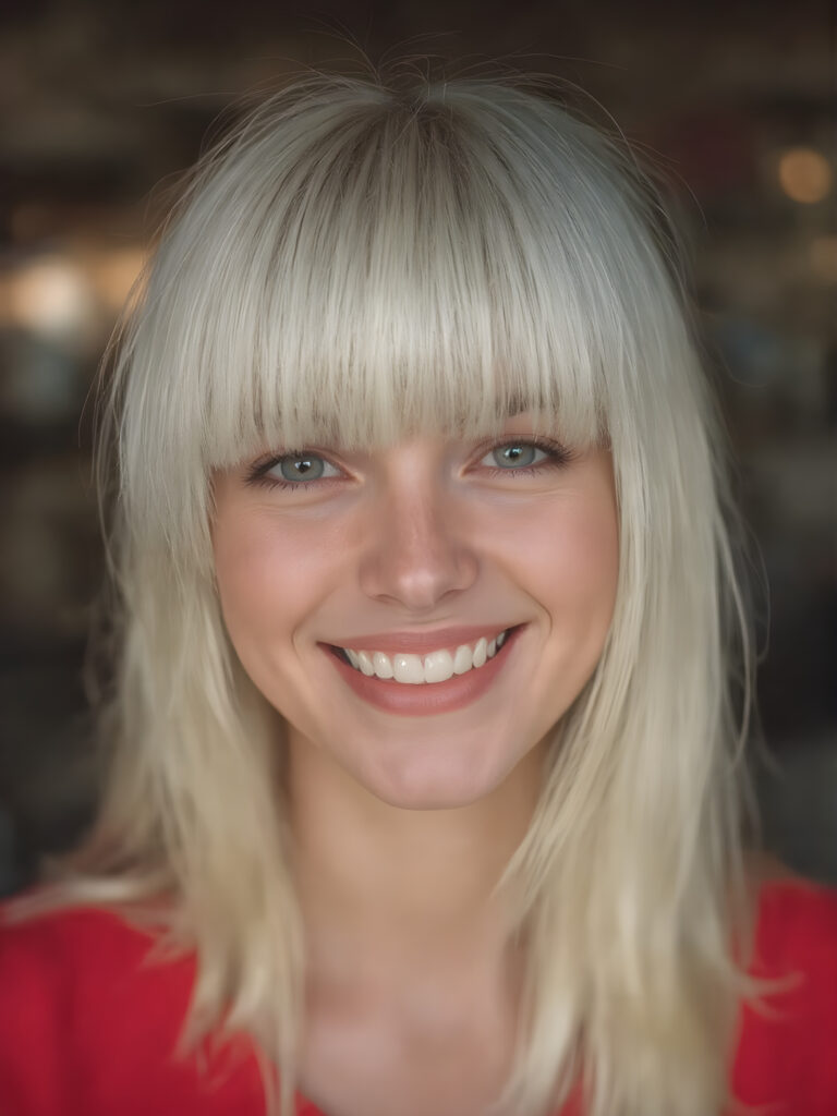 create a very realistic girl for myself, with straight white hair. She smiles and has a beautiful, round face with full, plump red lips and white teeth. Her nose is perfect and small. Her mouth is slightly open.