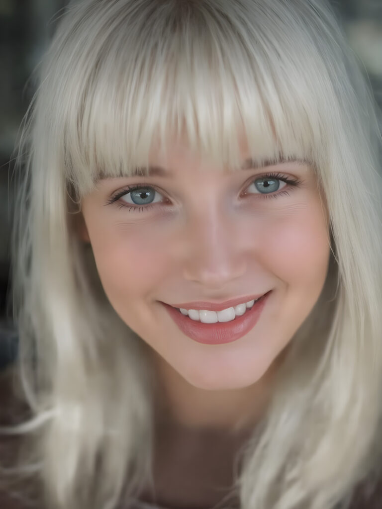 create a very realistic girl for myself, with straight white hair, bangs cut. She smiles and has a beautiful, round face with full, plump red lips and white teeth, the skin is flawlessly beautiful with a soft skin tone, her mouth is slightly open, she has beautiful emerald green eyes