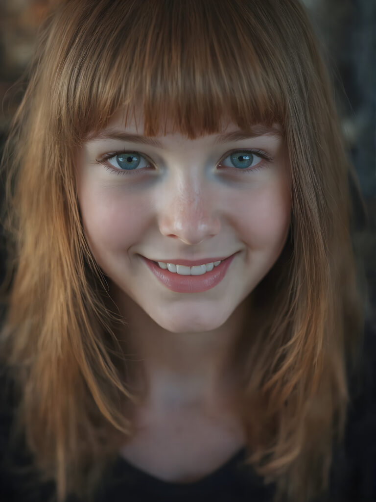 create a very realistic girl for myself, with straight copper red super realistic detailed soft hair, bangs cut. She smiles and has a beautiful, round face with full, plump red lips and white teeth, the skin is flawlessly beautiful with a soft skin tone, her mouth is slightly open, she has beautiful emerald green eyes
